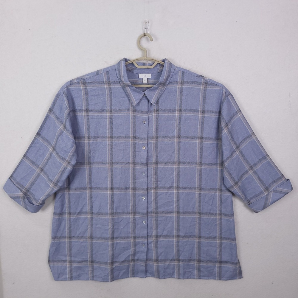 J. Jill Button Down Shirt Womens 2X Blue Plaid Cotton 3/4 Sleeve Relaxed Top